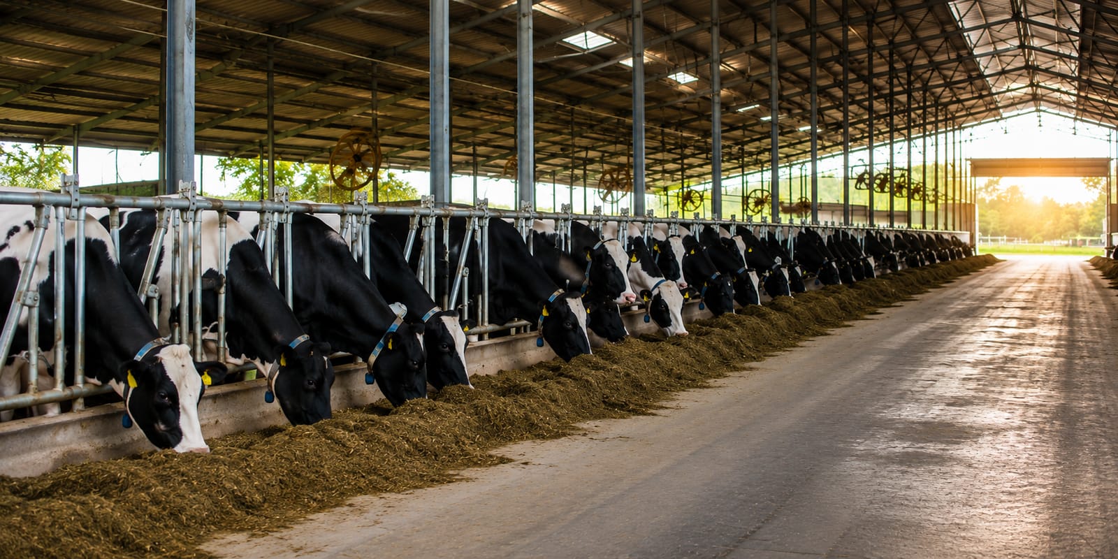 Vacas leiteiras da raça Holandesa alimentando-se lado a lado em galpão freestall coberto